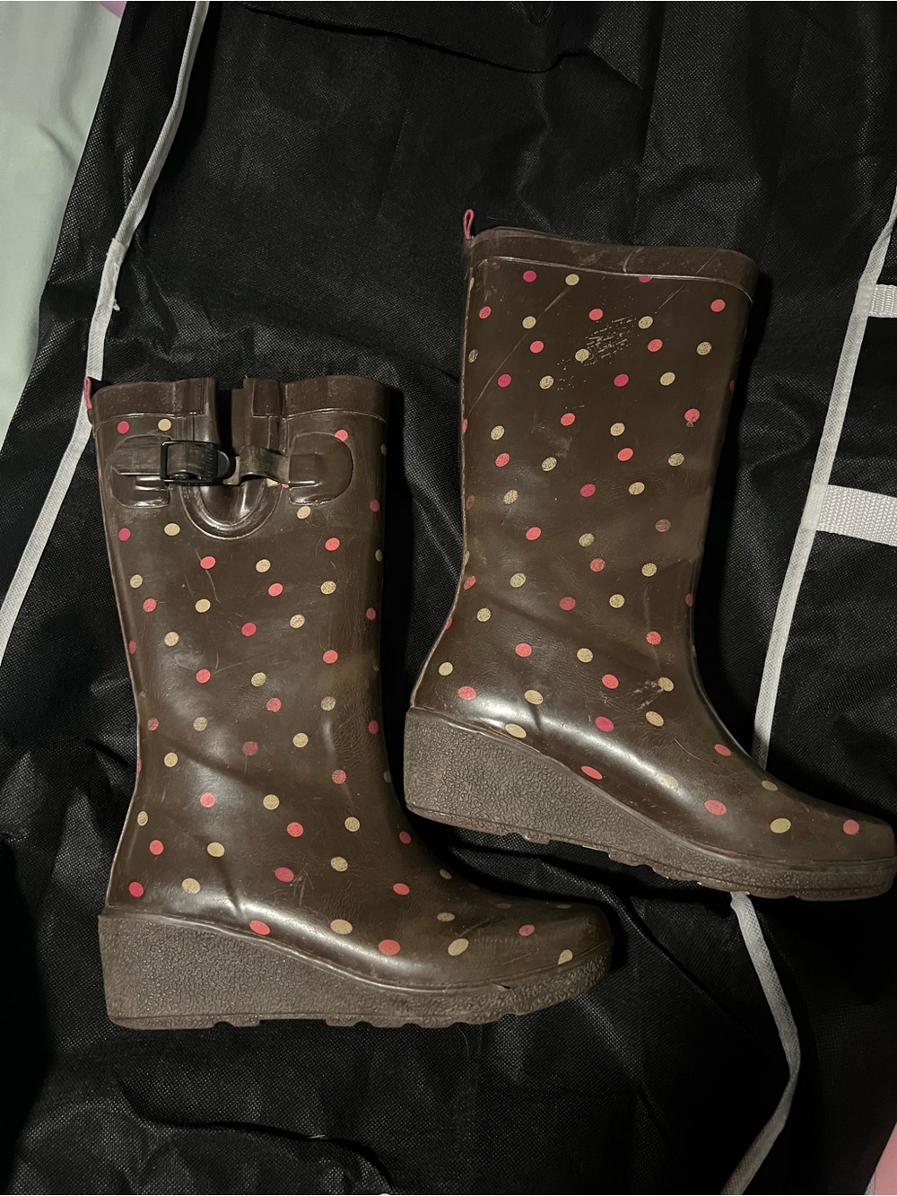 Capelli of New York Brown Rain Boots with Pink & Gold Polka Dots - Picture 2 of 5